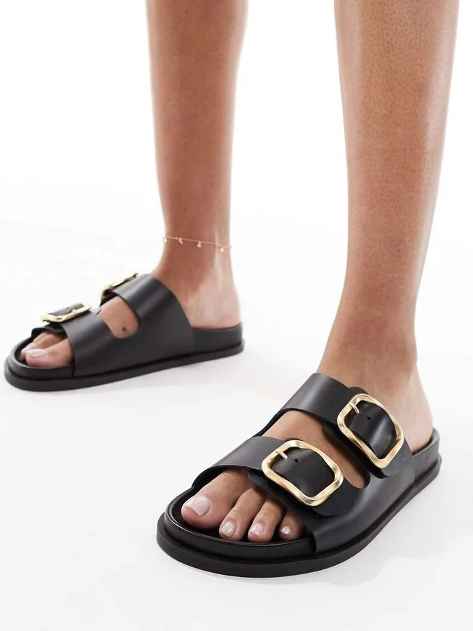 schuh Tylee double buckle sandals in black leather - Image 3