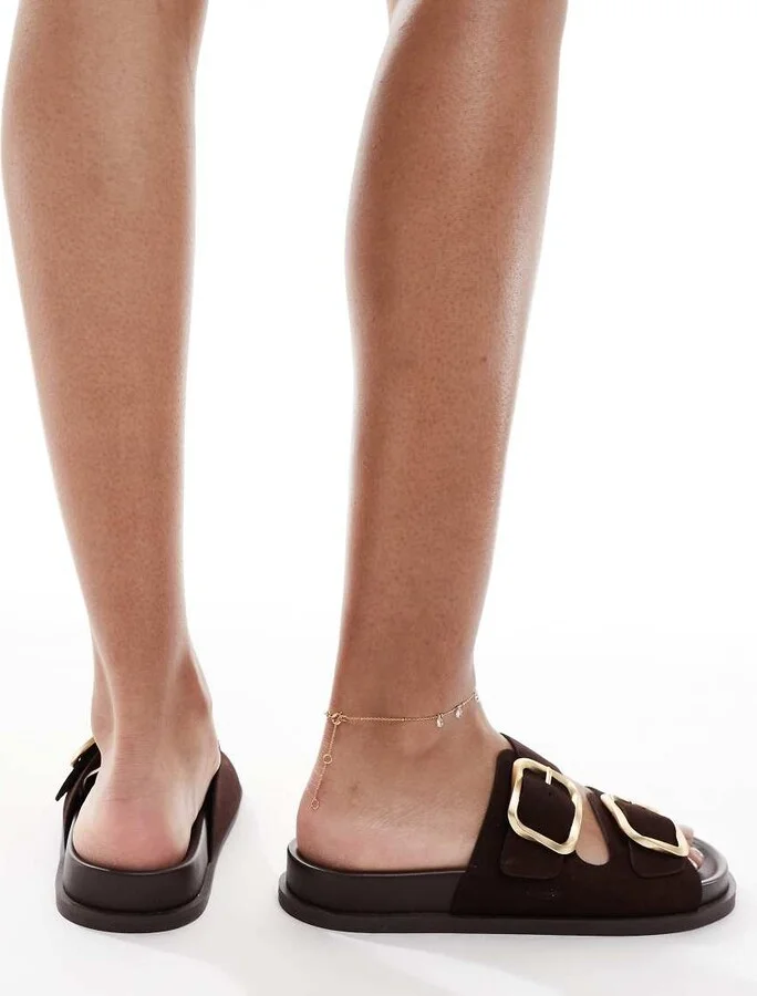 schuh Tylee double buckle sandals in chocolate brown suede - Image 2
