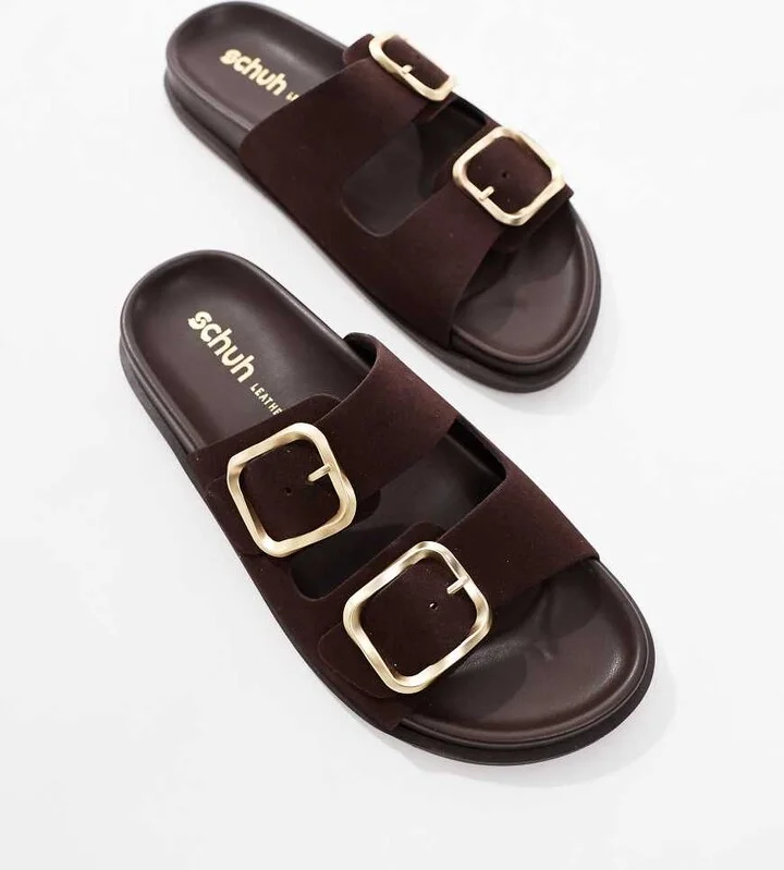 schuh Tylee double buckle sandals in chocolate brown suede - Image 4