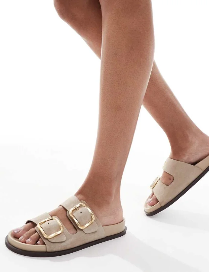 schuh Tylee double buckle sandals in taupe suede - Image 2