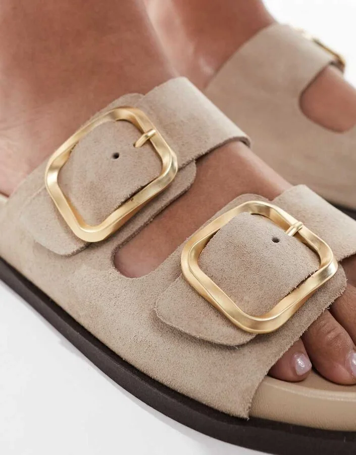 schuh Tylee double buckle sandals in taupe suede - Image 3