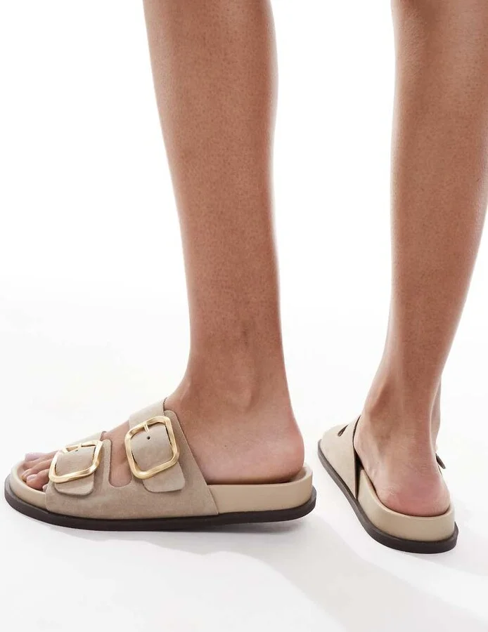 schuh Tylee double buckle sandals in taupe suede - Image 4