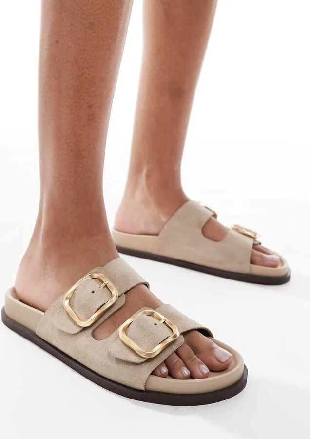 schuh Tylee double buckle sandals in taupe suede