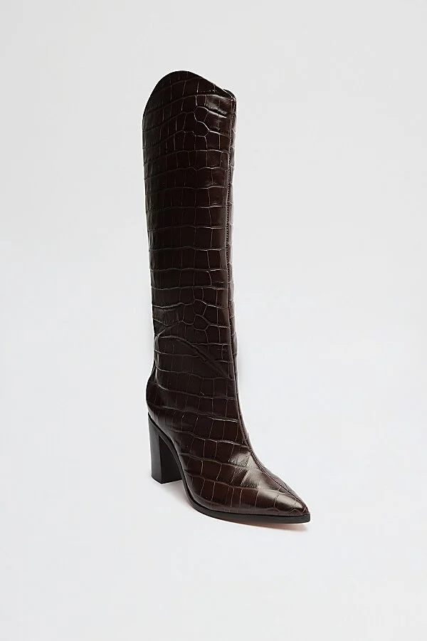 Schutz Maryana Leather Knee-High Croc Boot in Dark Chocolate - Image 3