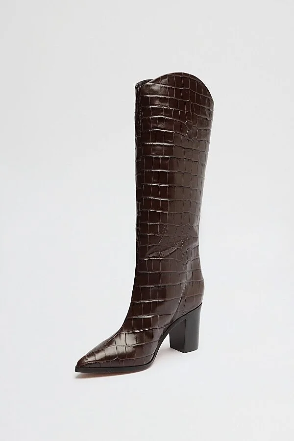 Schutz Maryana Leather Knee-High Croc Boot in Dark Chocolate - Image 5