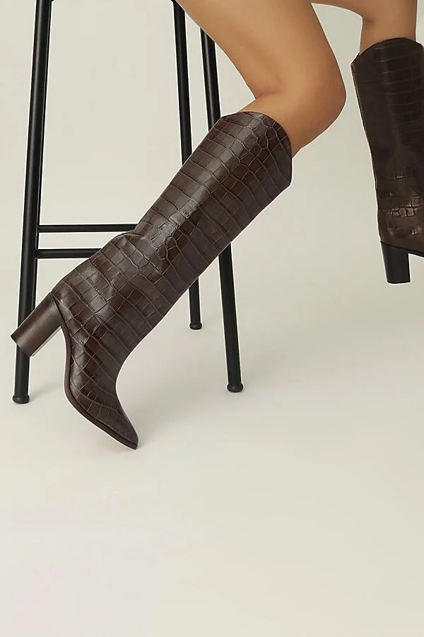 Schutz Maryana Leather Knee-High Croc Boot in Dark Chocolate