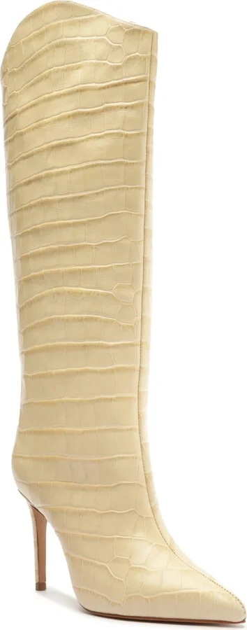 Schutz Women's Maryana Crocodile Embossed Wide Leg Knee High Stiletto Leather Boots