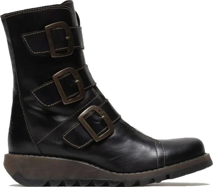 SCOP110FLY - Women's Buckle Strap Leather Biker Ankle Boots