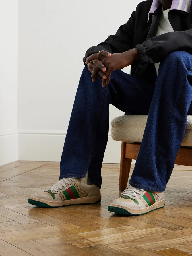 Screener Monogrammed Canvas and Webbing-Trimmed Distressed Leather Sneakers - Image 2