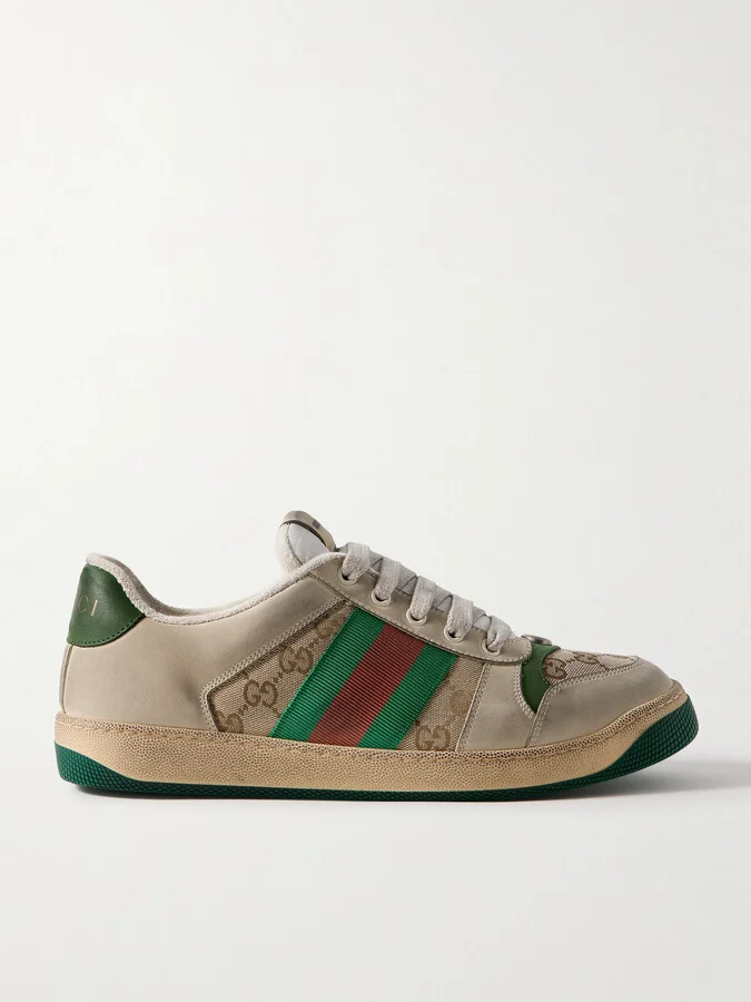 Screener Monogrammed Canvas and Webbing-Trimmed Distressed Leather Sneakers