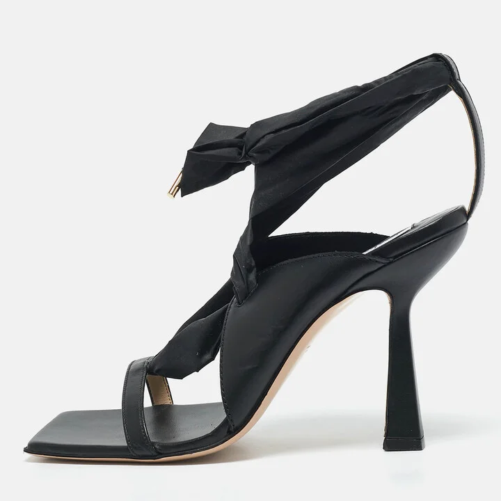 Sebastian Black Leather and Nylon Ankle Tie Sandals Size 40