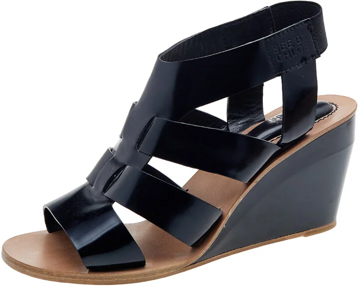 See by Chloe Black Leather Slingback Wedge Sandals Size 40