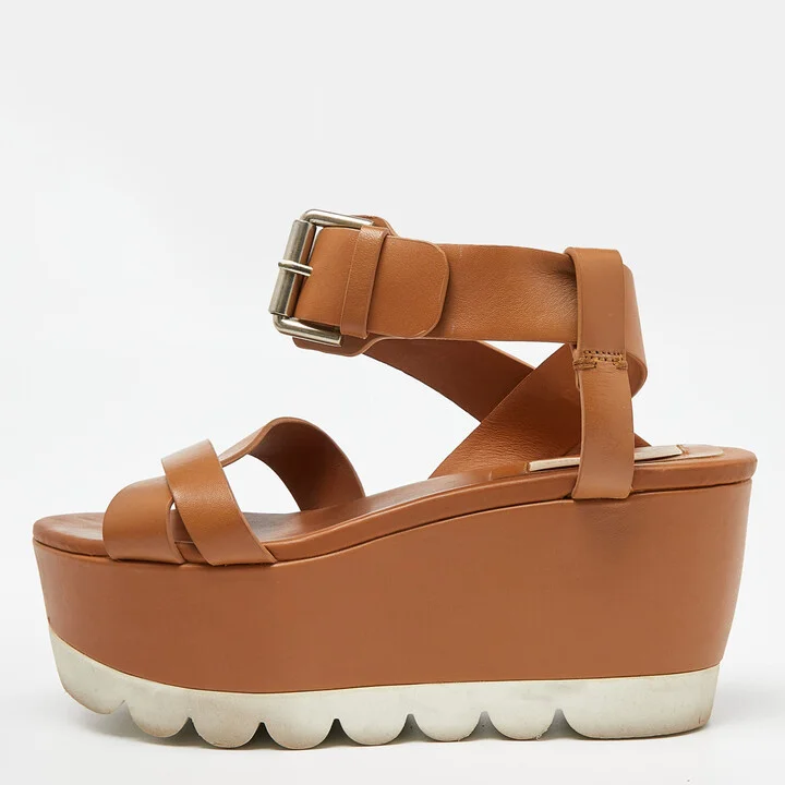 See by Chloe Brown Leather Wedge Platform Ankle Strap Sandals Size 37