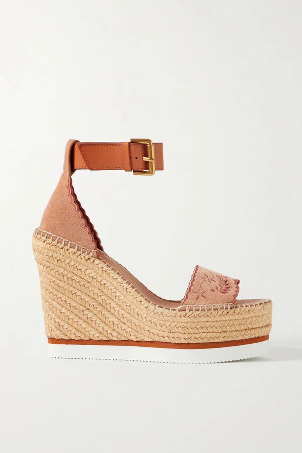 SEE BY CHLOÉ - Glyn Leather-trimmed Embroidered Suede Espadrille Sandals - Neutrals