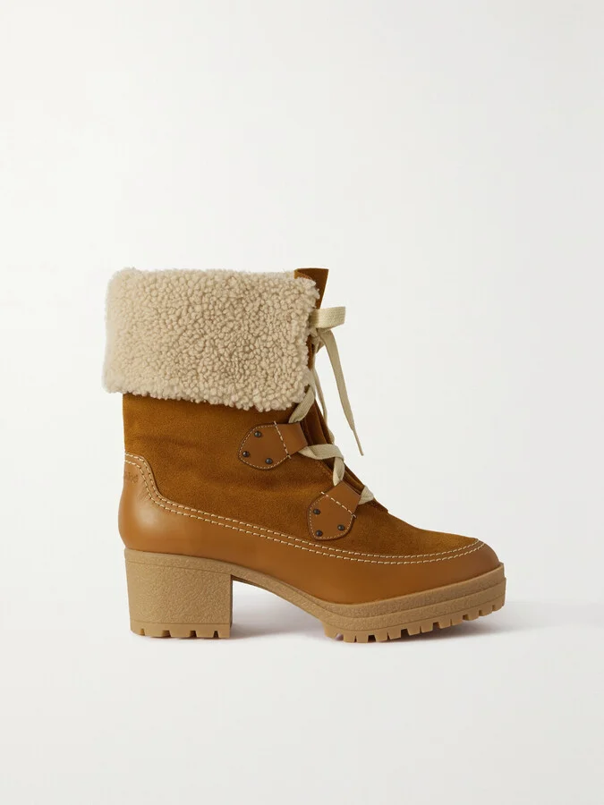 SEE BY CHLOÉ - Verena Shearling-trimmed Suede And Leather Ankle Boots - Brown