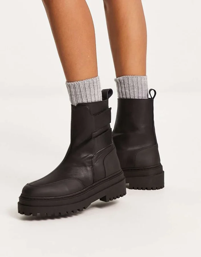 Selected Femme leather chunky boots with tabs in black - Image 4