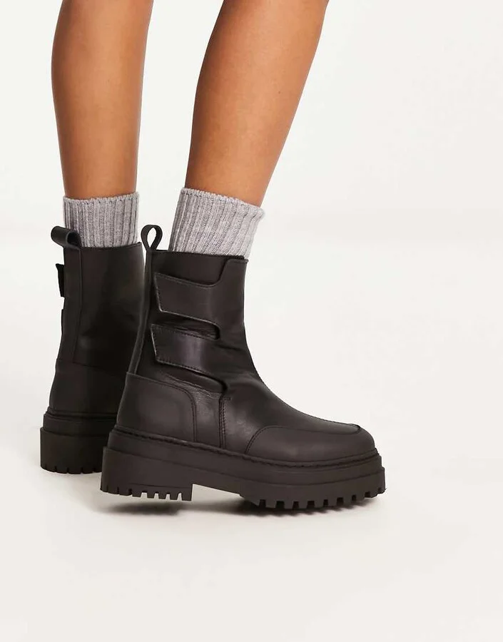 Selected Femme leather chunky boots with tabs in black