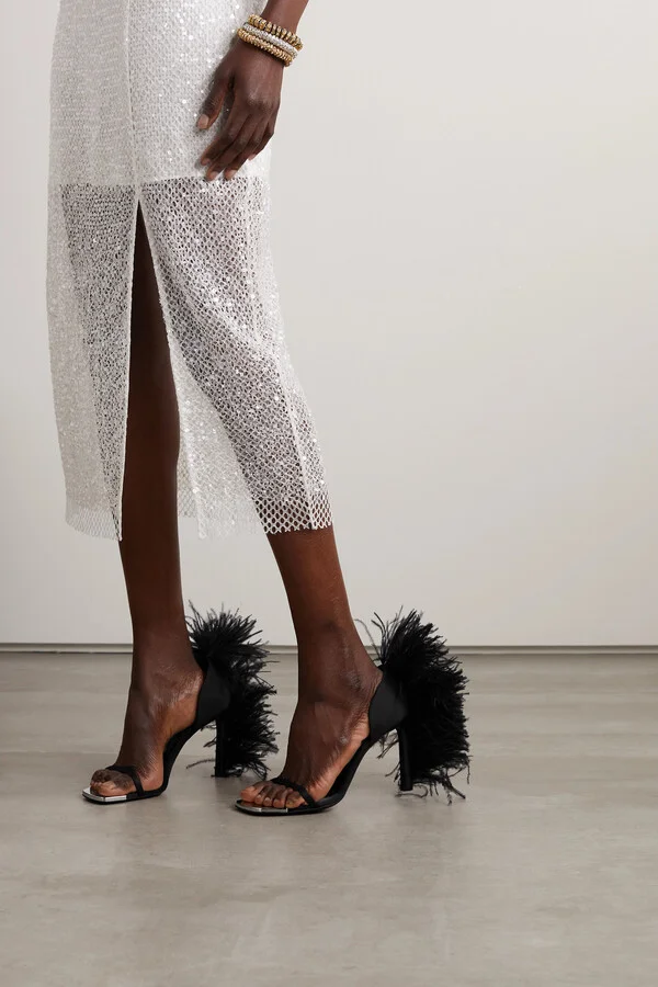 SERGIO ROSSI - + Area Feather-trimmed Satin Sandals - Black - Image 2
