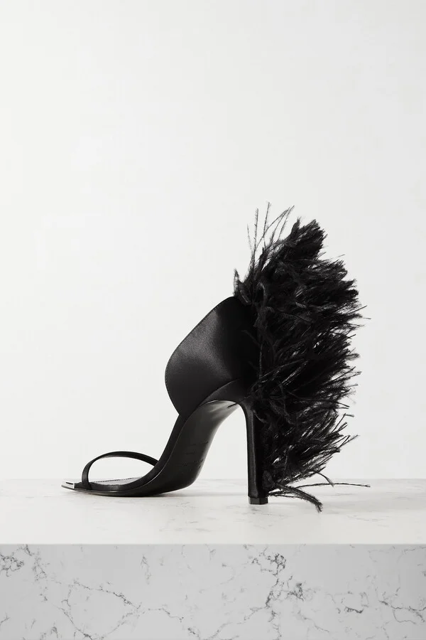 SERGIO ROSSI - + Area Feather-trimmed Satin Sandals - Black - Image 3