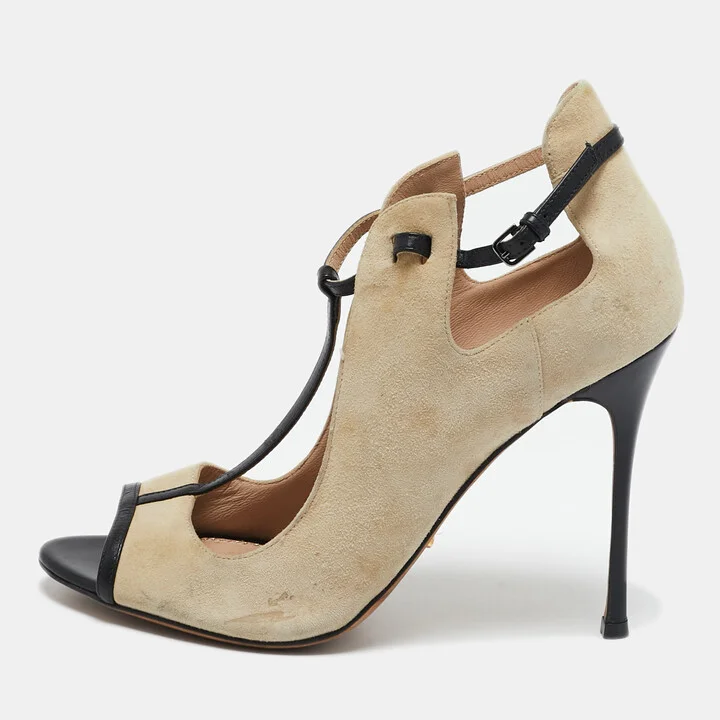 Sergio Rossi Beige/Black Leather and Suede T-strap Pumps Sandals Size 38