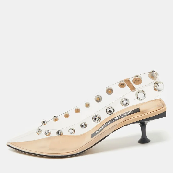 Sergio Rossi Beige/Black PVC Crystals Embellished Slingback Pumps Size 38.5