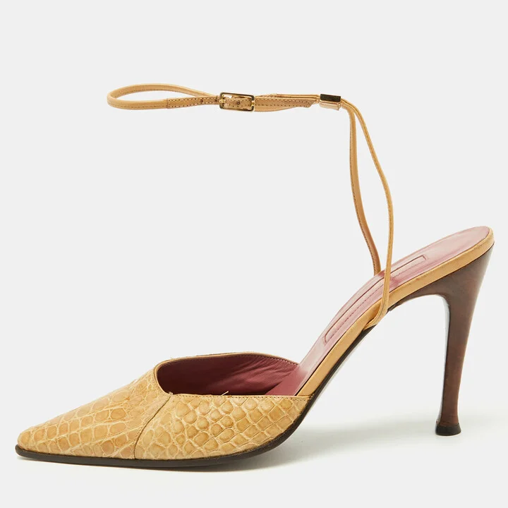Sergio Rossi Beige Crocodile Leather Pointed Toe Ankle Strap Pumps Size 38.5