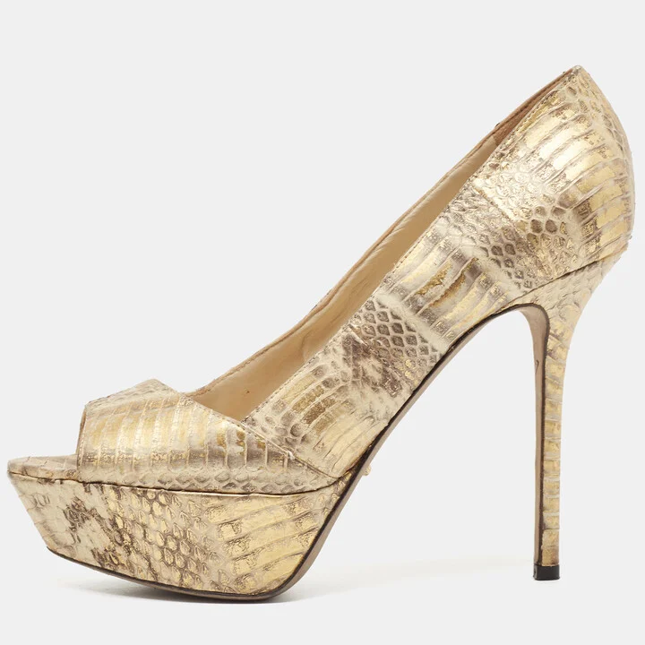 Sergio Rossi Beige/Gold Water Snake Embossed Leather Peep Toe Pumps Size 38.5