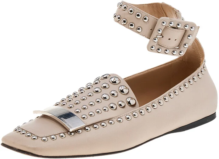 Sergio Rossi Beige Leather Studded Buckle Ankle Cuff Flats Size 39