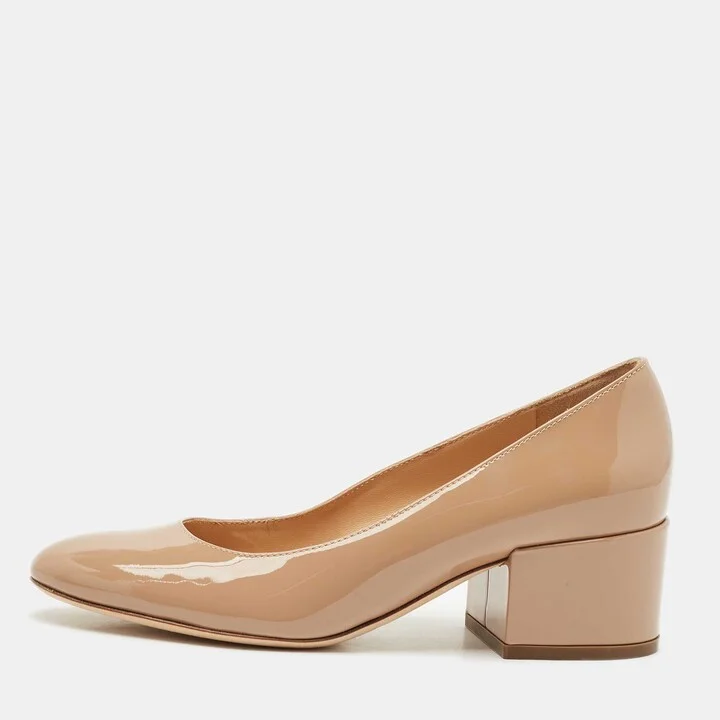 Sergio Rossi Beige Patent Leather Block Heel Pumps Size 34.5