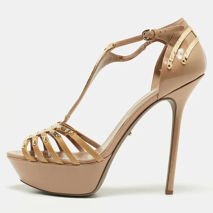 Sergio Rossi Beige Patent Leather Strappy Platform Sandals Size 40