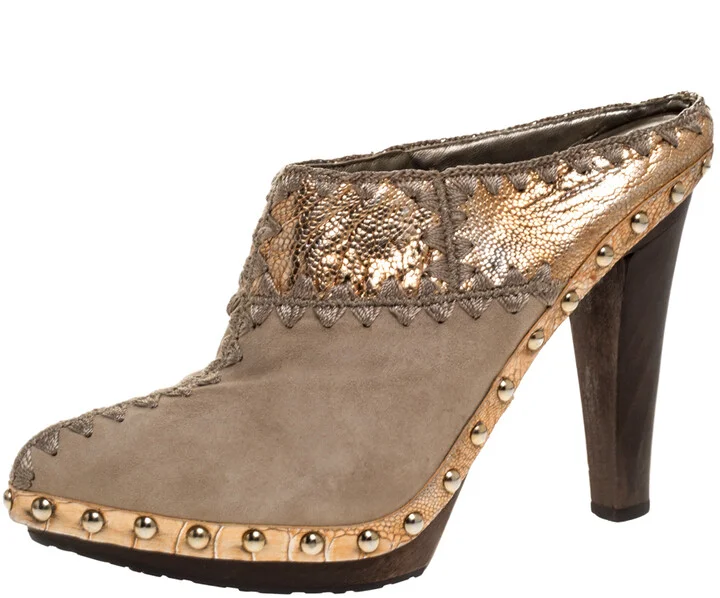 Sergio Rossi Beige Suede Stud Trim Wooden Platform Pointed Toe Mules Size 37.5