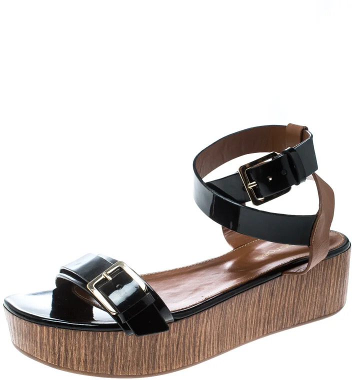 Sergio Rossi Black/Brown Leather Ankle Strap Wedge Sandals Size 40