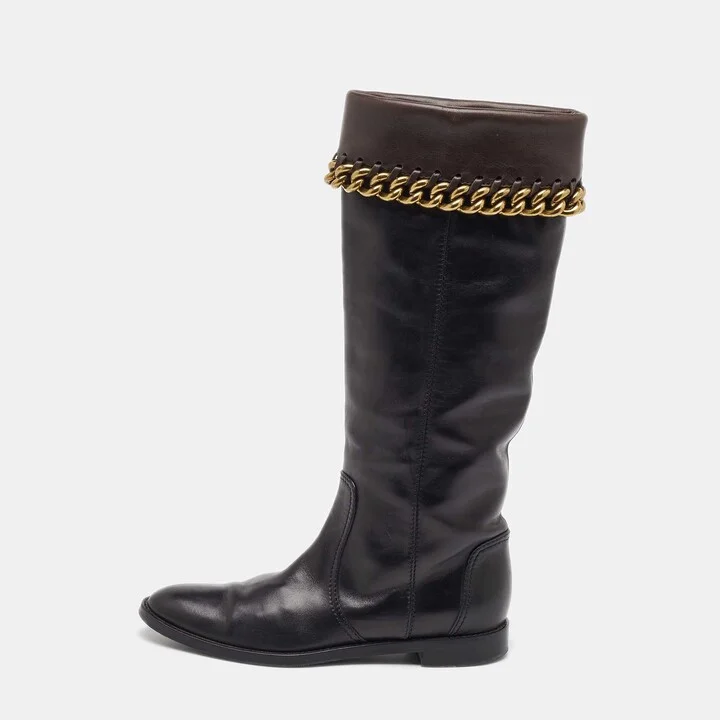 Sergio Rossi Black/Dark Brown Leather Chain Detail Calf Length Boots Size 35.5