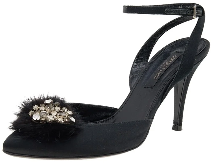 Sergio Rossi Black Fur And Satin Crystal Embellished Pointed Toe Ankle Strap Sandals Size 36