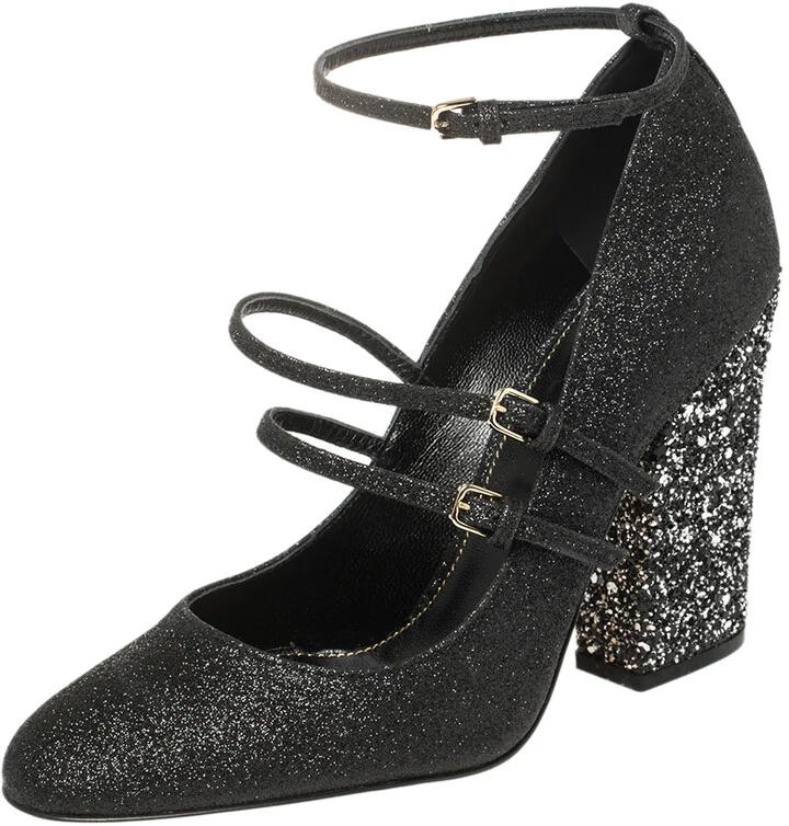 Sergio Rossi Black Glitter Betty Mary Jane Pumps Size 36