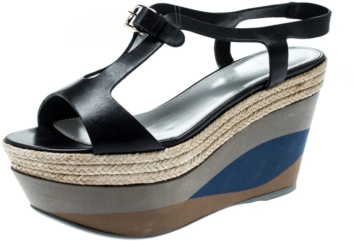 Sergio Rossi Black Leather Ankle Strap Wedge Sandals Size 36.5