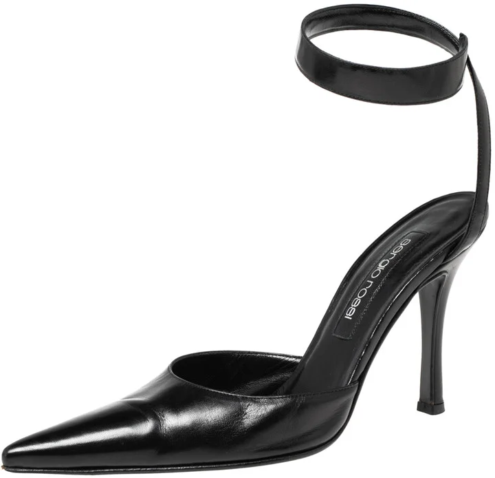 Sergio Rossi Black Leather Ankle Wrap Pointed-Toe Pumps Size 37.5
