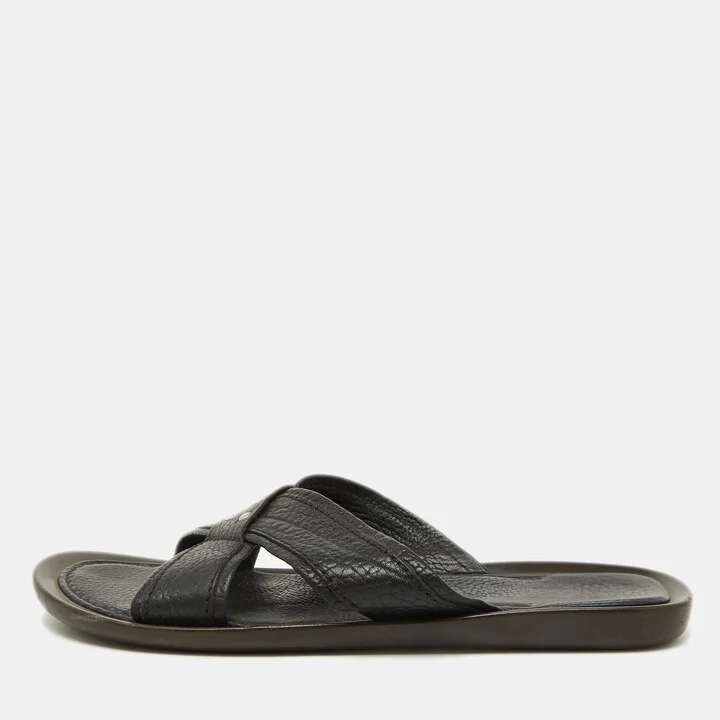 Sergio Rossi Black Leather Cross Strap Flat Sandals Size 44.5