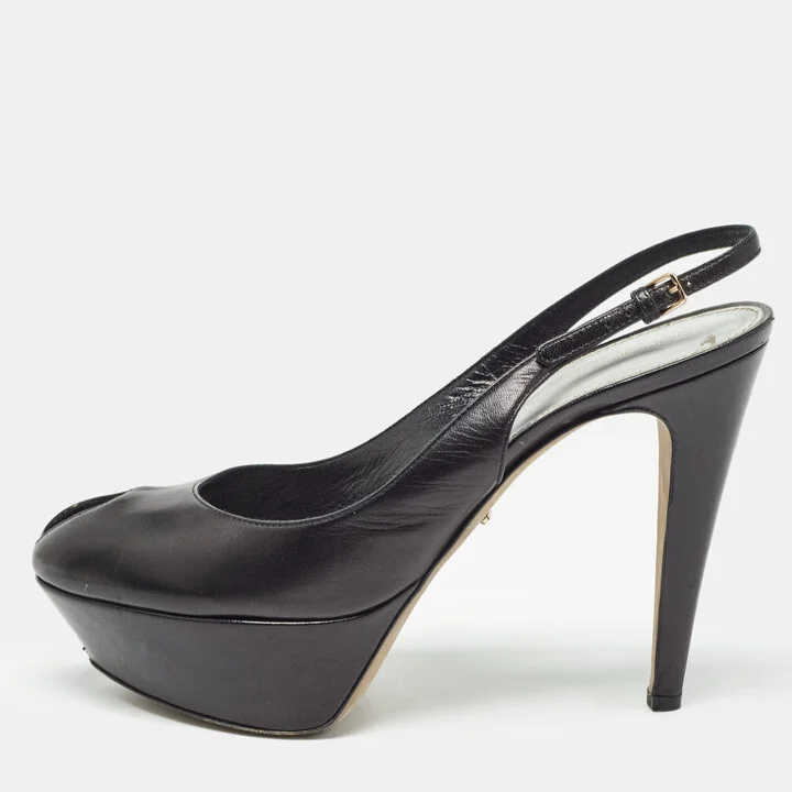 Sergio Rossi Black Leather Peep Toe Slingback Pumps Size 37