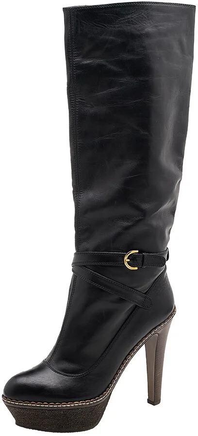 Sergio Rossi Black Leather Platform Knee Length Boots Size 39