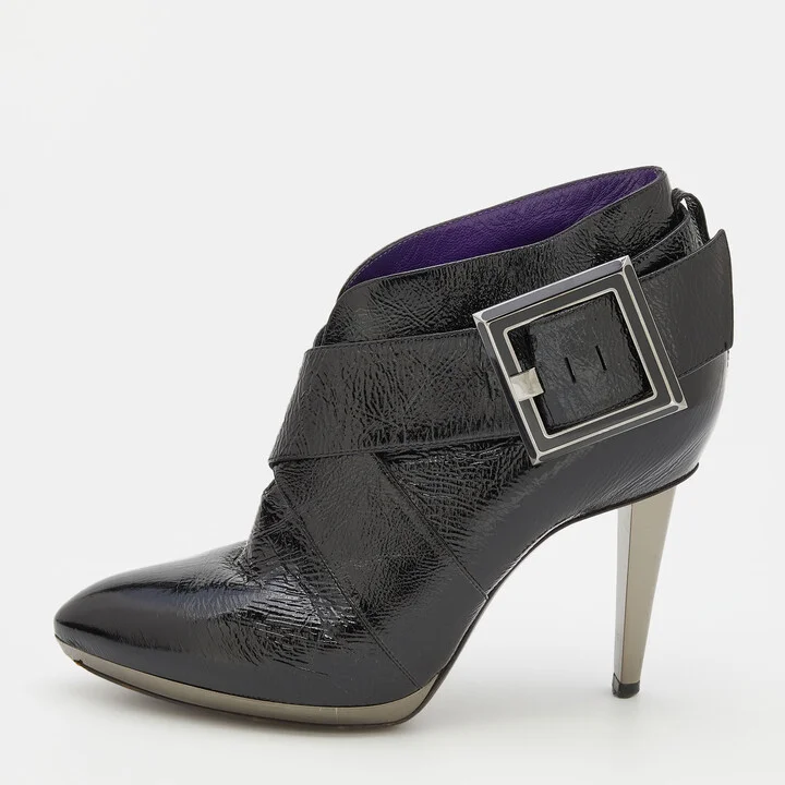 Sergio Rossi Black Patent Leather Buckle Detail Ankle Length Boots Size 37