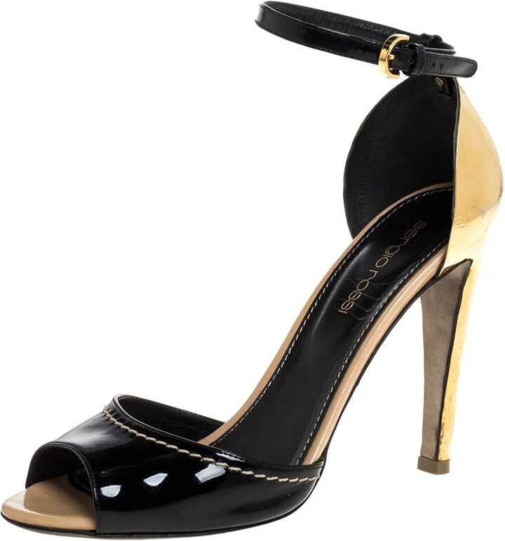 Sergio Rossi Black Patent Leather Metal Heel Ankle Strap Sandals Size 36