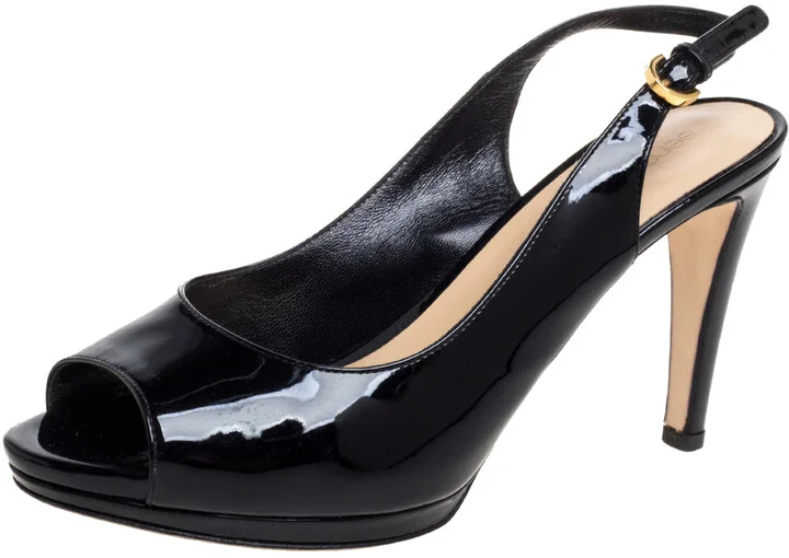 Sergio Rossi Black Patent Leather Peep Toe Slingback Sandals Size 37