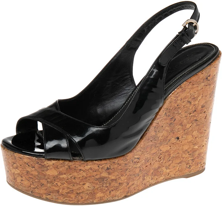 Sergio Rossi Black Patent Leather Platform Wedge Slingback Sandals Size 39.5