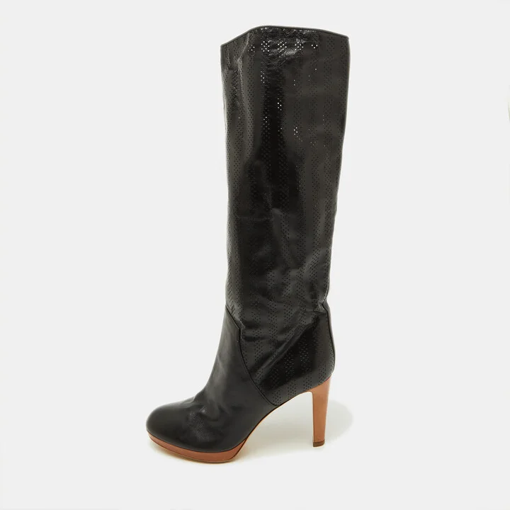 Sergio Rossi Black Perforated Leather Calf Length Boots Size 38.5