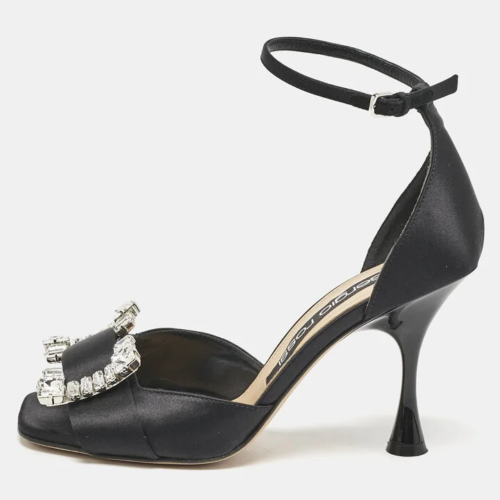 Sergio Rossi Black Satin Crystal Embellished Ankle Strap Sandals Size 38