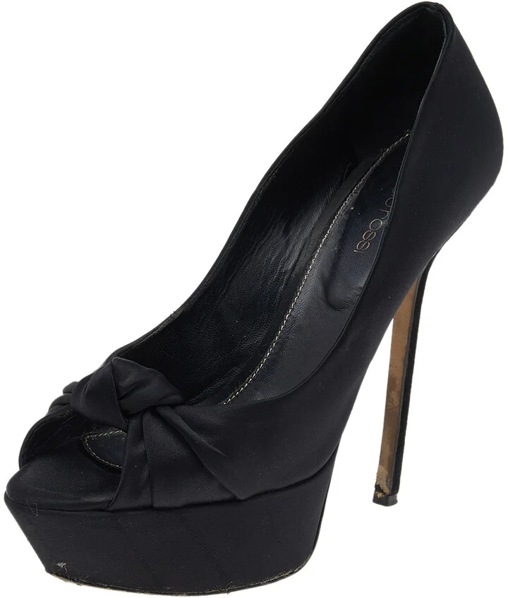 Sergio Rossi Black Satin Knotted Peep Toe Platform Pumps Size 38