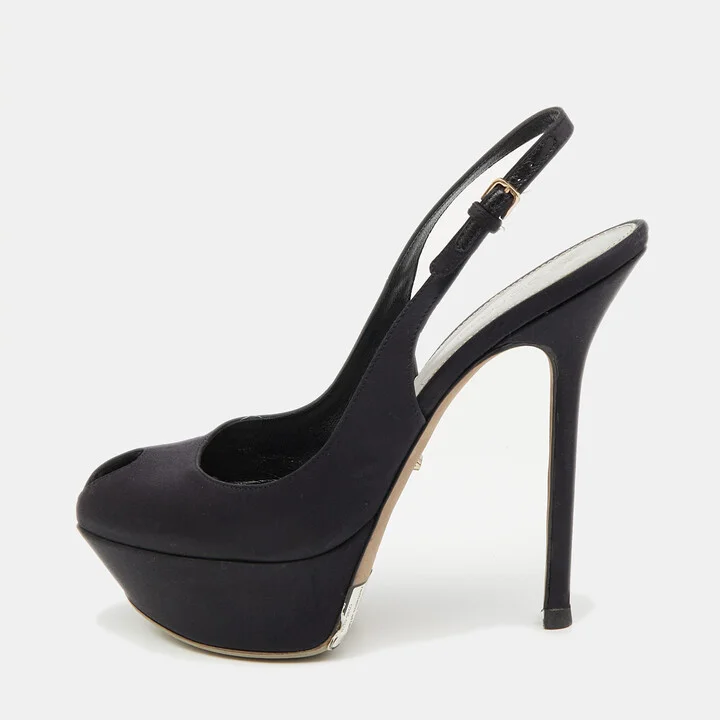 Sergio Rossi Black Satin Slingback Peep Toe Pumps Size 37.5