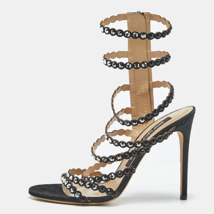 Sergio Rossi Black Suede Crystal Embellished Ankle Strap Sandals Size 39