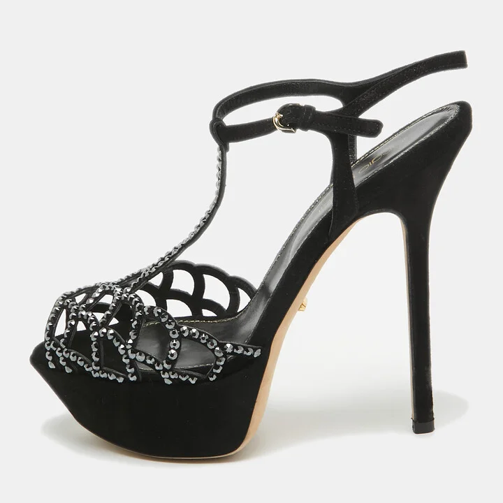 Sergio Rossi Black Suede Crystal Embellished Platform Ankle Strap Sandals Size 35.5